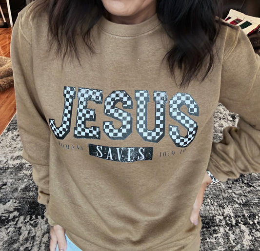 Jesus Saves Checkered Graphic Sweatshirt