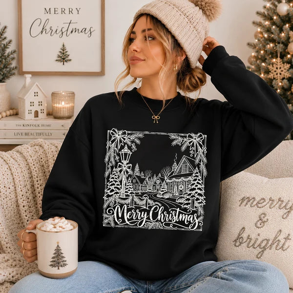 Merry Christmas Village Silhouette Graphic Shirt