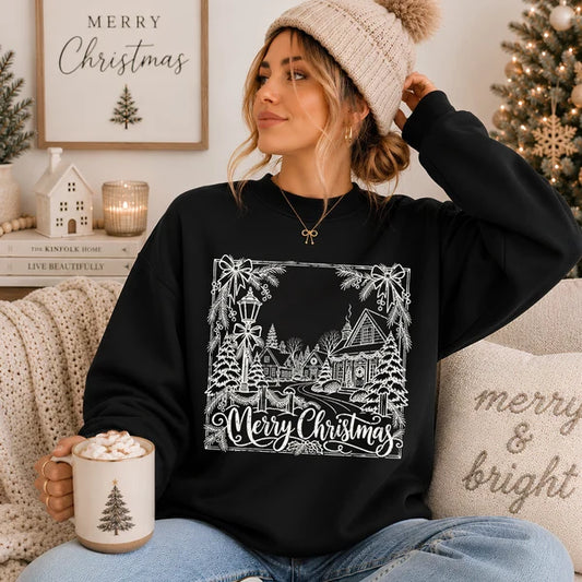 Merry Christmas Village Silhouette Graphic Shirt